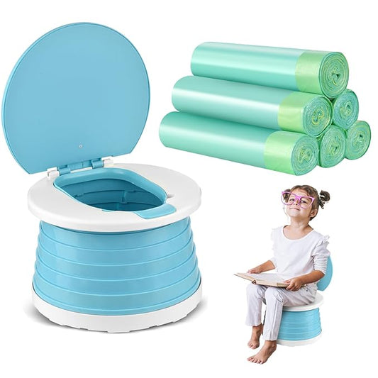 Portable Potty for Toddler Travel Foldable Potty Seat for Toddler Training Toilet for Kids Boys Girls Car Potty On The Go Potty Travel Potty Chair for Camping Park Indoor/Outdoor -105PCS Cleaning Bags