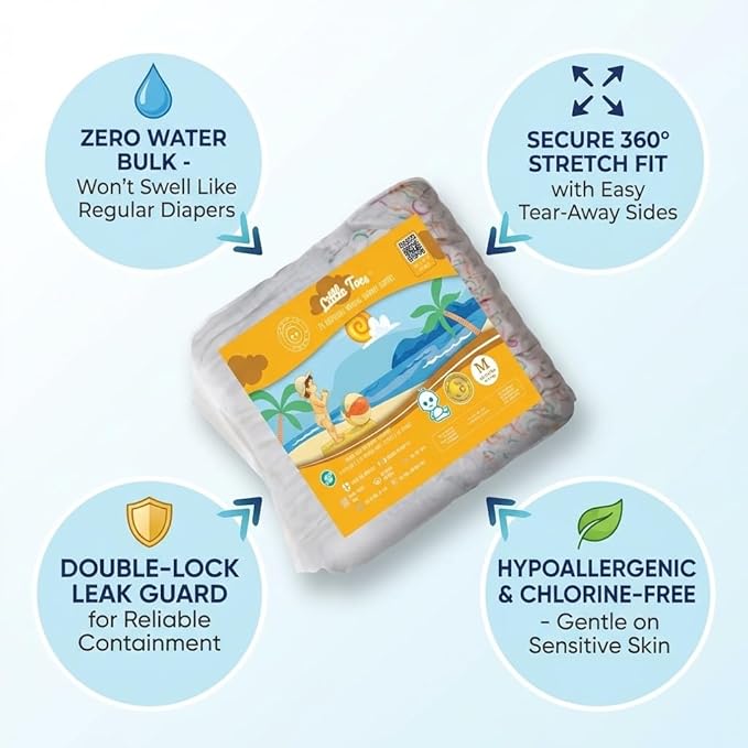 Little Toes Premium Natural Disposable Swim Diapers, Size 3-4 Medium (20-30 lbs) (12 Count) | Baby Disposable Swim Diapers | Hypoallergenic, Chlorine & Fragrance-Free | Gentle on Sensitive Skin