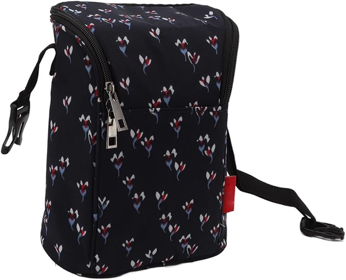 Marhynchus Nylon Baby Bottle Thermal Bag Portable Waterproof Storage Tote Pouch for Outdoor (Floral Black)