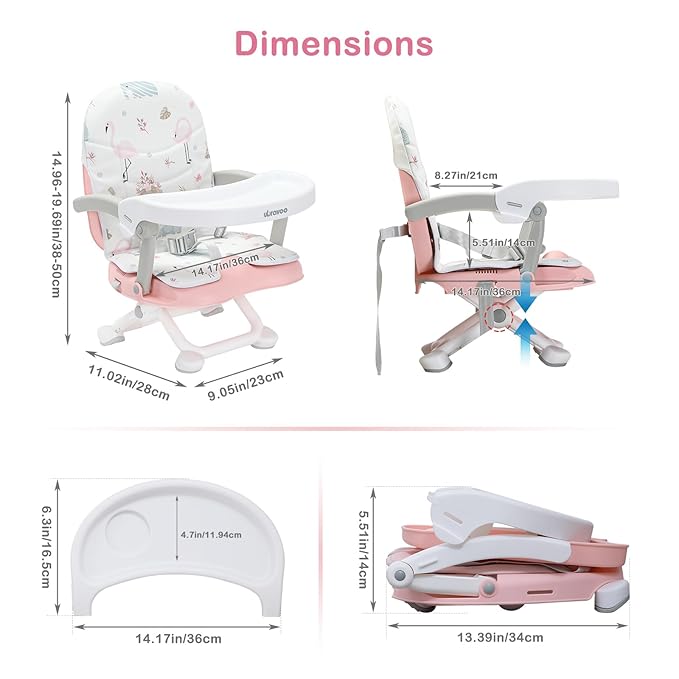 UBRAVOO 2in1 Portable Toddler Booster Seat, Grow with Baby Booster Seat for Dining Table with Removable Tray & Seat Pad, high chair for travel, ACE1013 Pink Flamingos