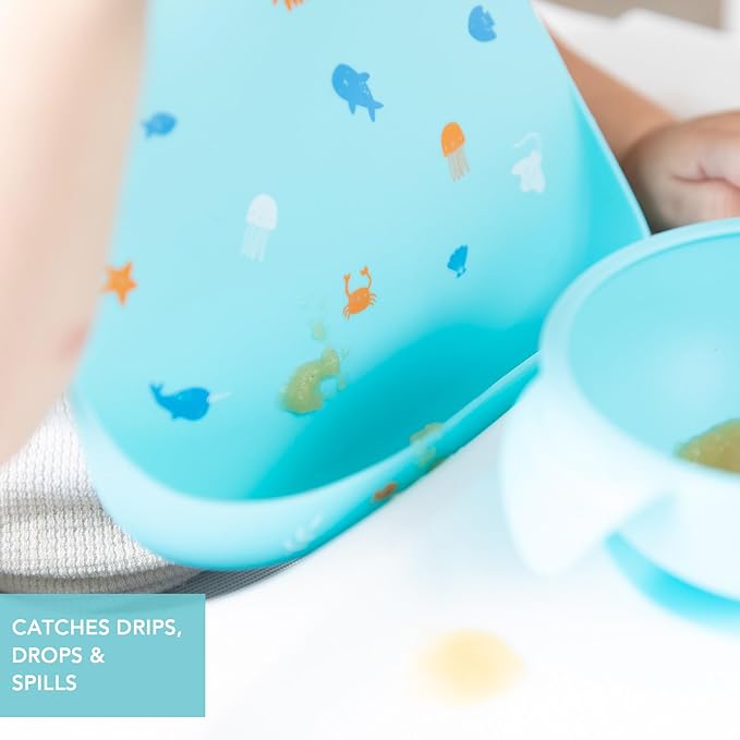 Bumkins Bibs, Silicone Pocket for Babies, Baby Bib for Girl or Boy, for 6-24 Months Up to Toddler, Essential Must Have for Eating, Feeding, Baby Led Weaning Supplies, Mess Saving, Ocean Life Blue