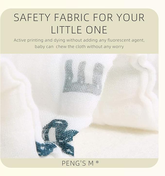 PENG'S M Baby Muslin Burp Cloths 5 Pack Dinosaur Burping Rags Super Soft Face Towel 100% Organic Cotton 20x10 Inches