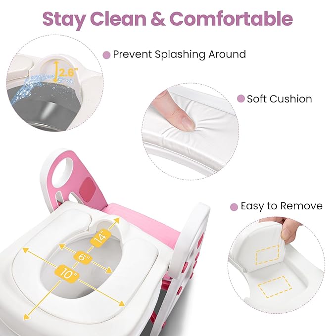 Potty Training Seat, Primlect Upgrade Ultra-Stable Toddler Toilet Seat for Kids Boys Girls, 2 in 1 Potty Training Toilet with Step Stool, Adjustable Seat and Ladder, Non-Slip Pad, Splash Guard(Pink)