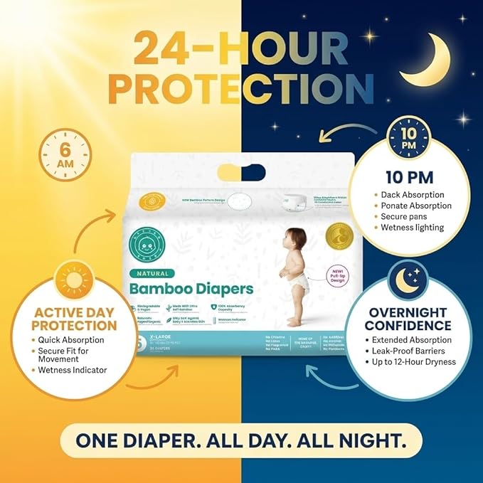 Little Toes Natural Bamboo Disposable Baby Diapers - Hypoallergenic, Sensitive Skin Safe, Patented Viscose, Day & Overnight 100% Absorbency and Leak Protection, Eco Friendly (Size 5 X-Large 36 Count)