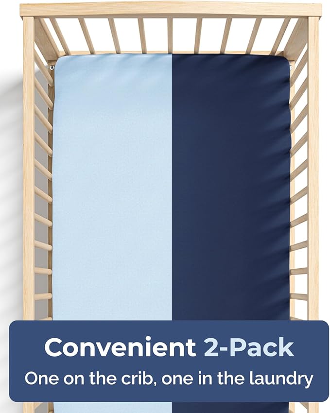 2-Pack Mini Crib Sheets Fitted - Pack N Play Sheets for Pack and Play Mattress - Stretchy Soft Microfiber Playard Bedding - Mini Toddler Bed Cover for Boys & Girls, Oeko-Tex, 38 x 24in, Navy Baby Blue