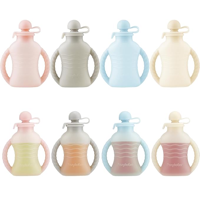 PandaEar 4 Pack Reusable Baby Food Pouches with Double Handles, Silicone Squeeze Pouches for Toddlers, Refillable 4oz Food Storage Bags for Puree, Yogurt, Smoothies - Includes Collapsible Funnel