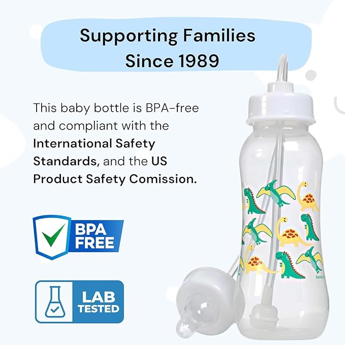 Hands-Free Baby Bottle - Anti-Colic Nursing System 9 oz Baby Bottle with Fast Flow Nipple/Teat 3m+ with Tube Straw Feeding System for Toddler (2 Bottles - Dinosaur)