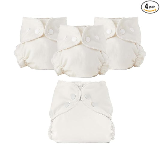 Esembly Cloth Diaper Bundle Set - 3 Organic Cotton Absorbent Inners and 1 Waterproof Outer Diaper Cover - Reusable, Washable, Snap Closure Cloth Diapers - Size 2 (18-35lbs), Parchment