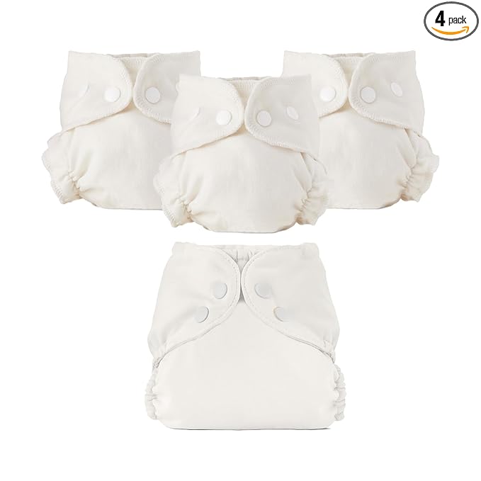 Esembly Cloth Diaper Bundle Set - 3 Organic Cotton Absorbent Inners and 1 Waterproof Outer Diaper Cover - Reusable, Washable, Snap Closure Cloth Diapers - Size 1 (7-17lbs), Parchment