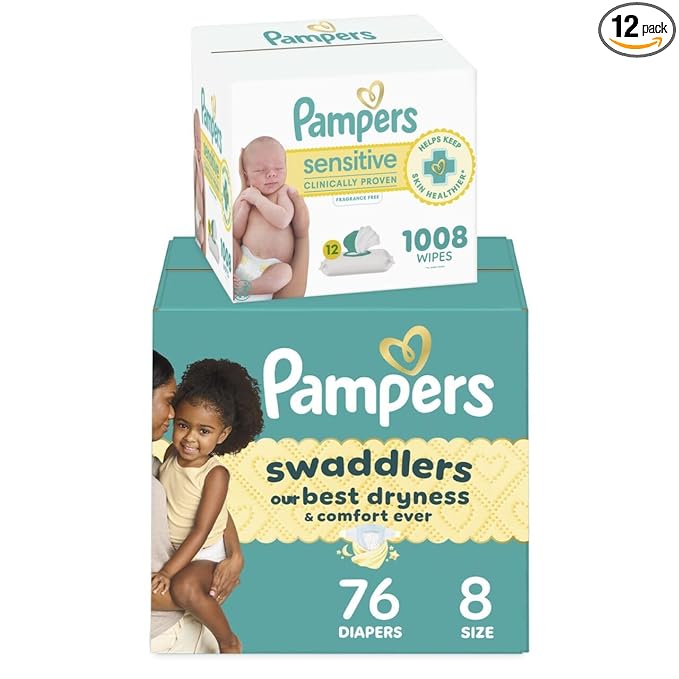 Pampers Swaddlers Disposable Baby Diapers Size 8, 76 Count with Sensitive Water Based Baby Wipes 12 Flip-Top Packs (1008 Wipes Total)