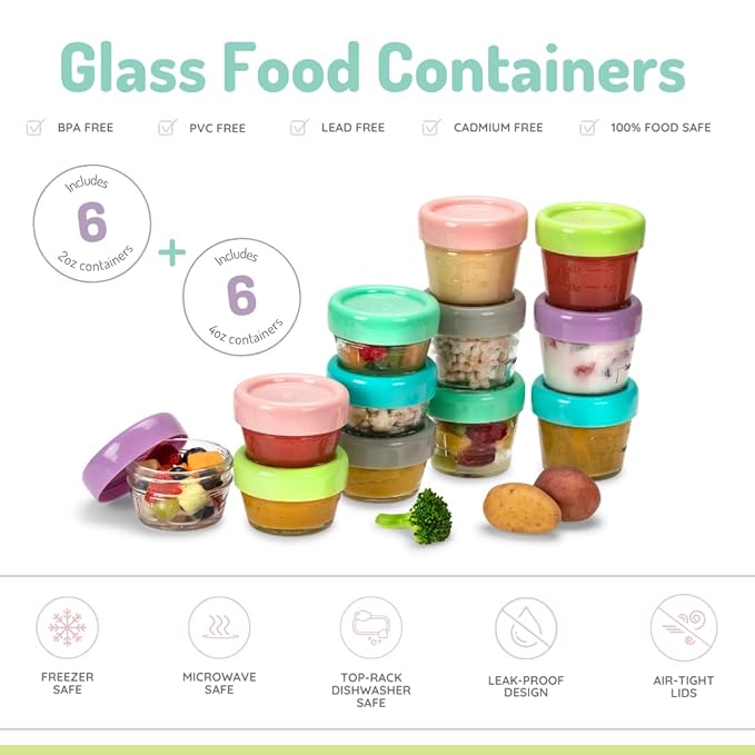melii Glass Baby Food Storage Jars, 12 Pack 2 oz | Airtight Leakproof Lids, BPA-Free, Reusable Glass Containers for Purees, Snacks & Meal Prep, Freezer, Microwave & Dishwasher Safe
