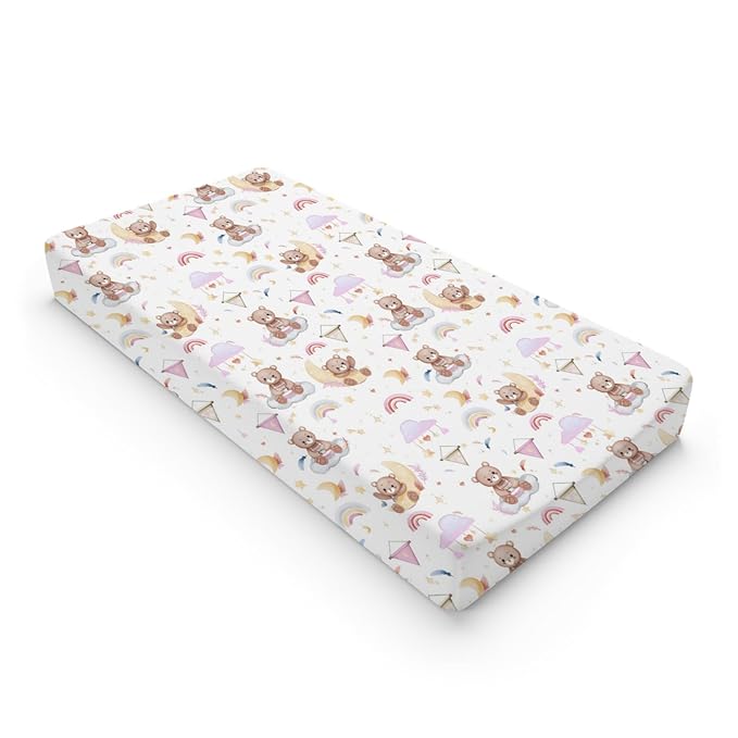 Cartoon Cute Bear Girl Changing Pad Covers Pink Bear Rainbow Moon Stars Clouds Leaf Baby Change Table Sheets Cover for Boys Girls Soft Stretchy Diaper Changing Table Mats 32''x16''