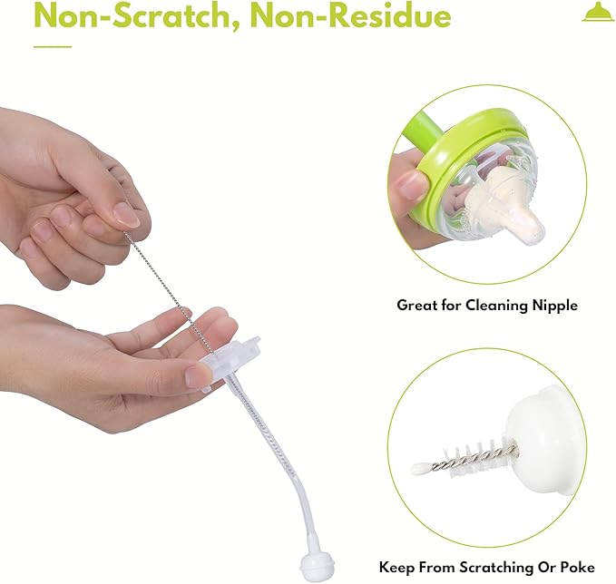 Carebabymore 8 Piece Sponge Nipple Bottle Brushes, Baby Bottle Brush with 3 Piece Nipple Cleaner, 3 Piece Replacement Heads and 2 Piece Straw Brushes, Green
