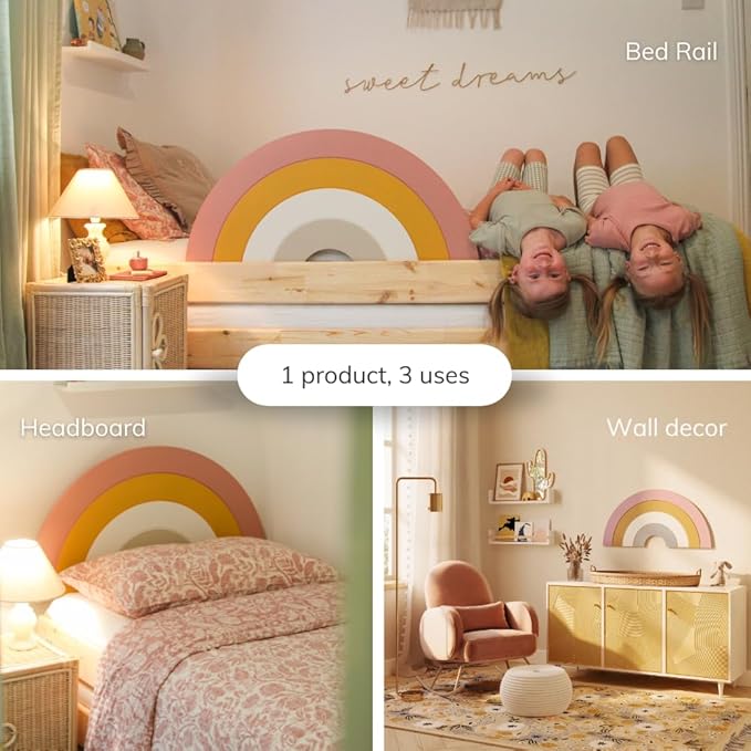 Premium 3-in-1 Toddler Bed Rail with Decorative Headboard and Wall Decor Functionality, High-End Bed Guard for Kids, Wooden Baby Bed Rail Guard, Rainbow Twin Bed Rail for Toddlers - Pink