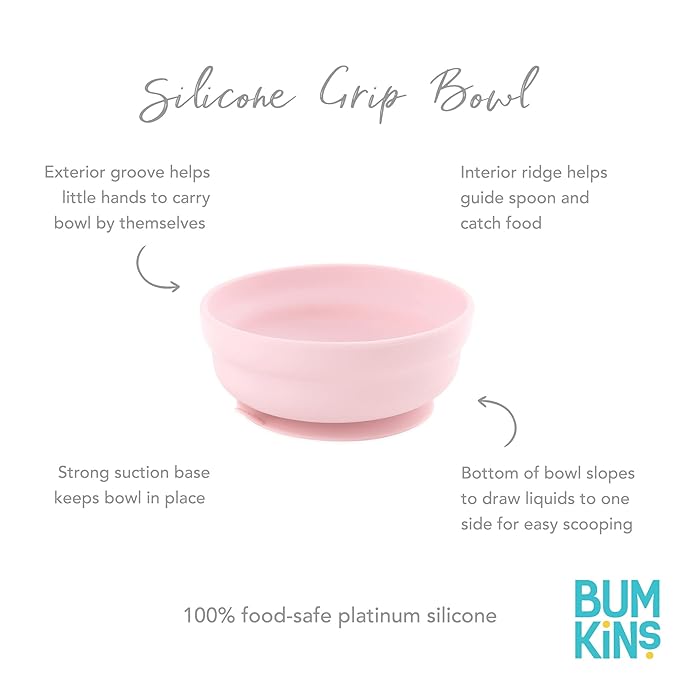Bumkins Baby Bowl, Silicone Suction, for Babies, Toddlers and Kids, Baby Led Weaning, Feeding Essentials, Platinum Silicone, Non Skid Sticky Bottom, Supplies for Children Ages 6 Months Up, Pink