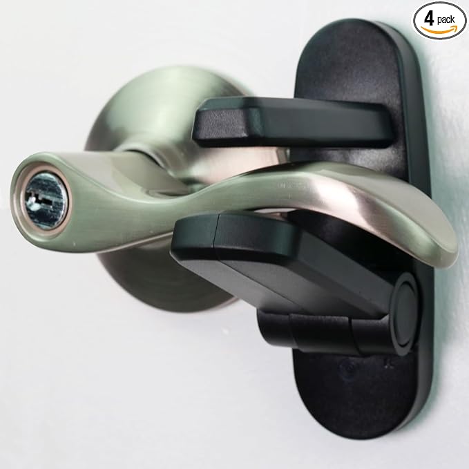 Door Lever Lock (4 Pack) Prevents Toddlers from Opening Doors. 3.25" L * 1.5" W * 4.5" H Easy One Hand Operation for Adults. Durable ABS with 3M Adhesive Backing. Simple Install (Black)