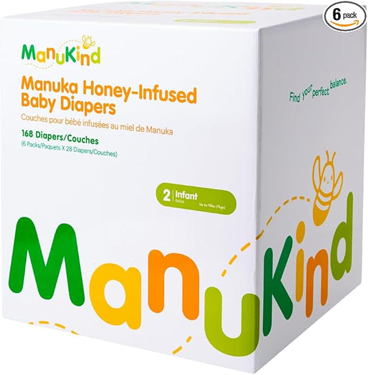 ManuKind Baby Diapers, Manuka Honey Infused, Ultra Soft, Plant-Based Materials, Quick-Dry Comfort, Leak Guard Protection, Size 2 – 168 Diapers (6 Packs of 28)