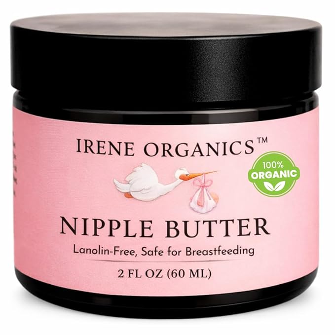 Irene Organics Organic Nipple Balm – Lanolin-Free Nipple Cream for Breastfeeding Moms – Natural Relief for Dry, Cracked Nipples – Safe for Nursing & Pumping, 2oz