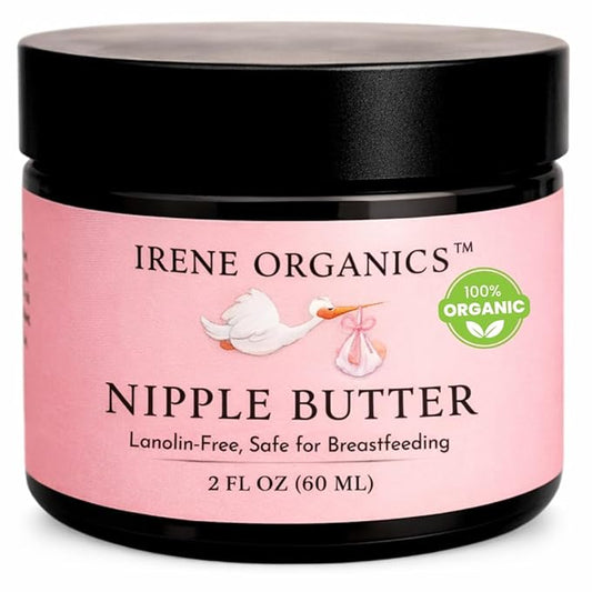 Irene Organics Organic Nipple Balm – Lanolin-Free Nipple Cream for Breastfeeding Moms – Natural Relief for Dry, Cracked Nipples – Safe for Nursing & Pumping, 2oz