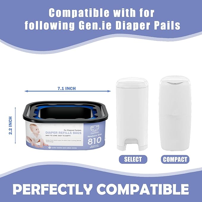 Square Refills Disposal Bags Refill Compatible With For Diaper Gen.ie Compact, Select (Not Fit Classic Version Pails), Hold Up to 810 Newborn-Sized Diapers Per Refill (3 Pack)