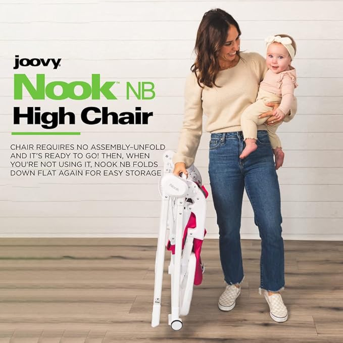 Joovy Nook NB High Chair Featuring Four-Position Adjustable Swing Open Tray, 3-Position Reclining Seat, and Front Wheels for Added Mobility - Folds Down Flat for Easy Storage, Slate