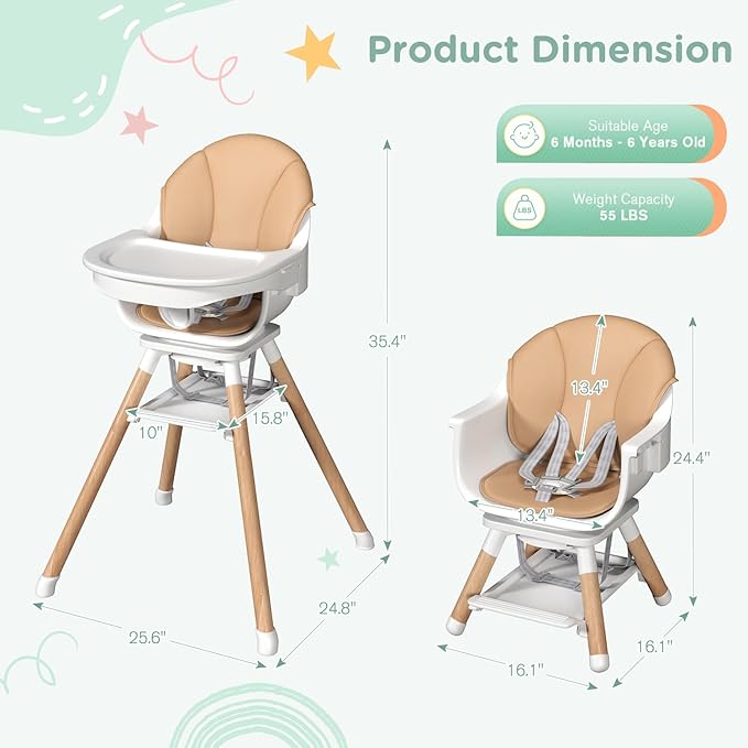 EROMMY 360° Swivel Baby High Chair,6-in-1 Convertible Wooden High Chair for Babies and Toddlers-Baby Feeding Chair with 5-Point Harness,Adjustable Highchair Features,Removable Double Tray