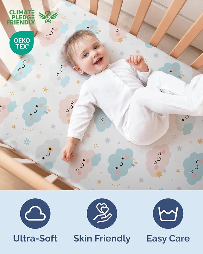 Baby Crib Sheets for Boys & Girls - Pack of 2 Fitted Microfiber Crib Sheets for Standard Crib & Toddler Mattress - Breathable & Wrinkle Free - Machine Washable - Oeko Tex - 52x28x8in - Happy Clouds