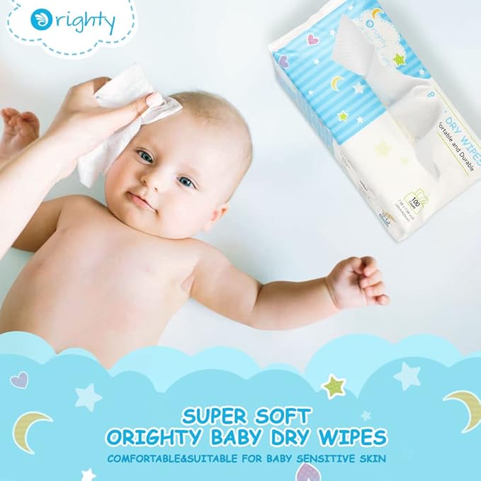 Orighty Baby Dry Wipes - Super Soft & Gentle Baby Washcloths, Use Wet or Dry, 100% Unscented Tissue for Babies Sensitive Skin, Ideal for Diaper Changes, Feeding, Nursing, Runny Nose & Drool, 600 Count