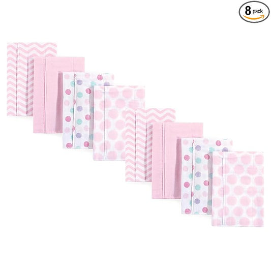 Luvable Friends Cotton Poly Flannel Burp Cloths Multipack, Pink Dots Chevron 8-Pack, One Size