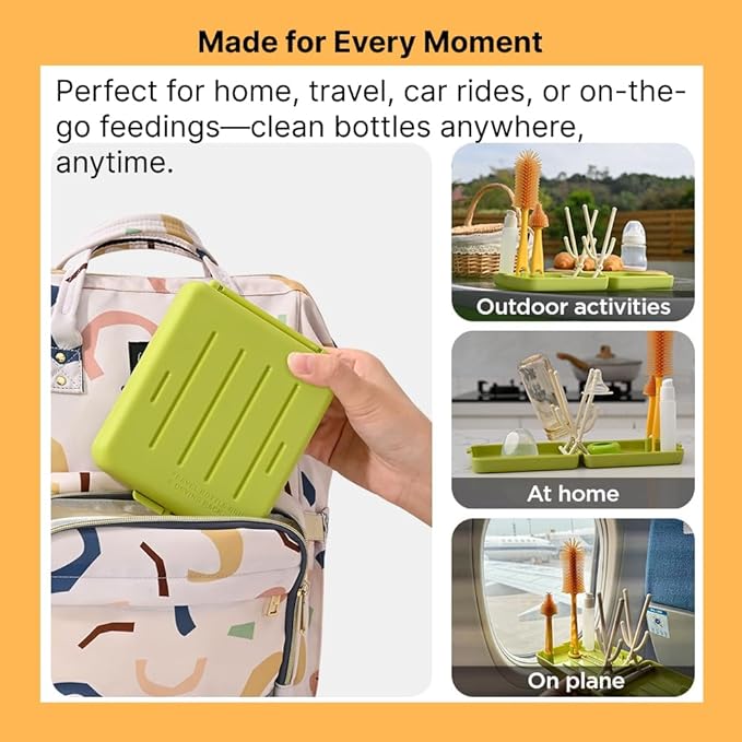 Travel Bottle Cleaner kit, 7in1 Baby Travel Essential Silicone Travel Bottle Brush Set Nipple Drying Rack, Straw Breast Pump Cleaning Soap Dispenser Organizer Case Mon Gift (New Green)