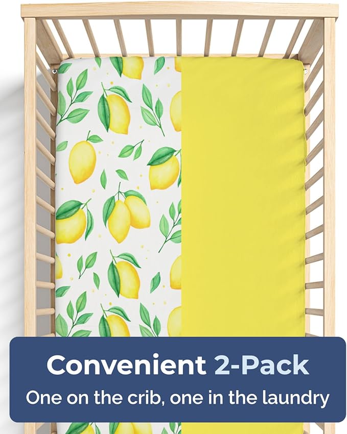 2-Pack Mini Crib Sheets Fitted - Pack N Play Sheets for Pack and Play Mattress - Stretchy Soft Microfiber Playard Bedding - Mini Toddler Bed Cover Boys & Girls - Easy-Fit, Oeko-Tex, 38 x 24in, Lemons