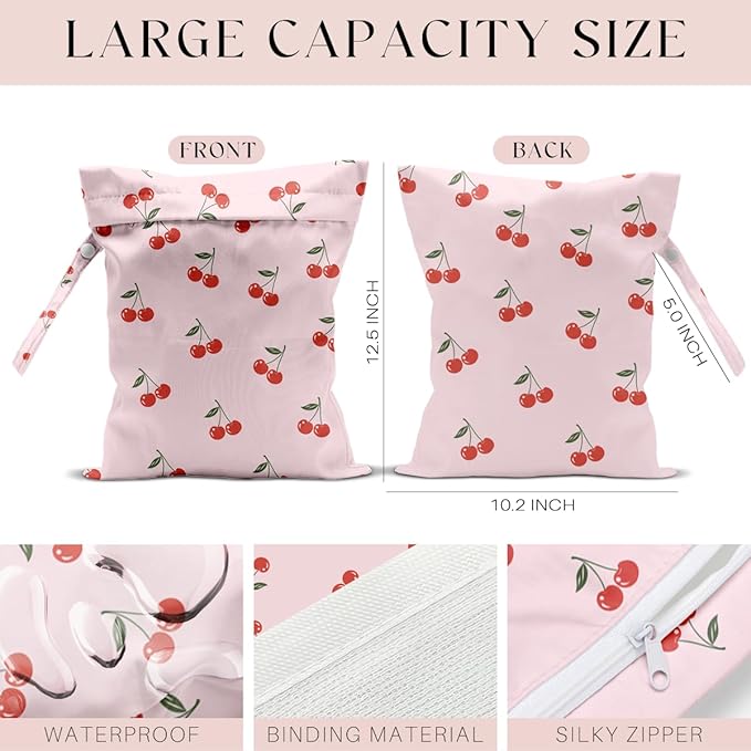 Wet Bag, Wet Dry Bag, Waterproof Swim Bags, Machine Washable Reusable Bags for Beach, Pool, Diapers, and Dirty Yoga Gym Clothes(Sweet Minimalist Cherry Design