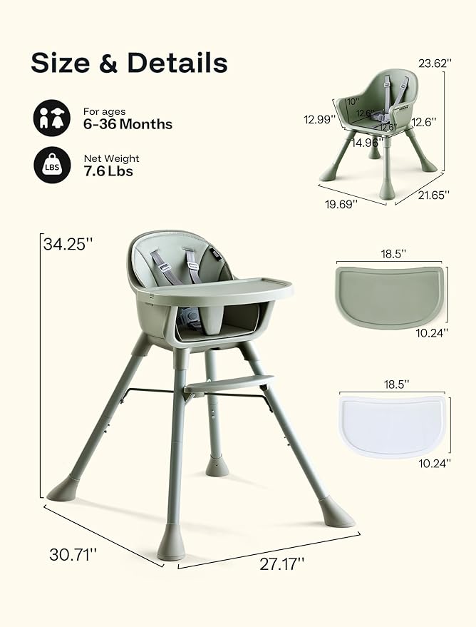 HARPPA 2 in 1 Baby High Chair for Babies and Toddlers, Convertible High Chairs with Removable Double Tray, Waterproof PU Seat Cushion, Anti-Slip Footrest and 5-Point Harness for 6–36 Months, Sage