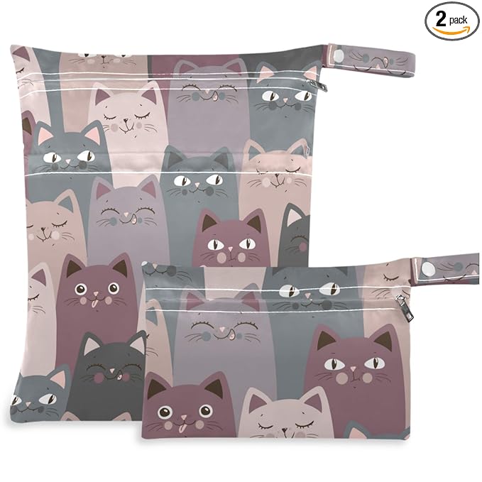 visesunny Funny Grey Cat 2Pcs Wet Bag with Zippered Pockets Washable Reusable Roomy for Travel,Beach,Pool,Daycare,Stroller,Diapers,Dirty Gym Clothes, Wet Swimsuits, Toiletries