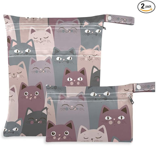 visesunny Funny Grey Cat 2Pcs Wet Bag with Zippered Pockets Washable Reusable Roomy for Travel,Beach,Pool,Daycare,Stroller,Diapers,Dirty Gym Clothes, Wet Swimsuits, Toiletries
