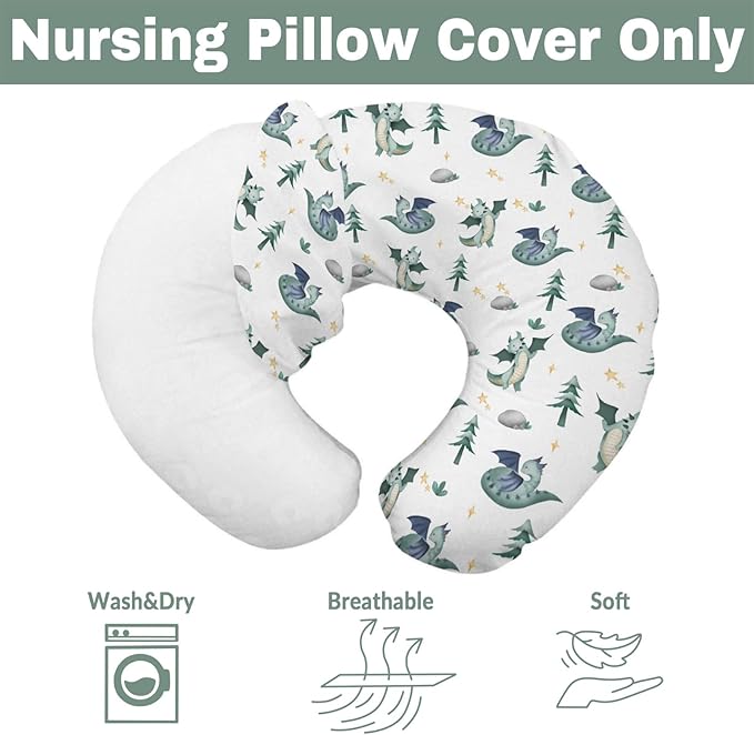 Fairytale Dragon Trees Stars Baby Nursing Pillow Covers for Boy Girl Cute Dragons Green Nursery Feeding Pillowcase for Breastfeeding Pillows Fantasy Animal Soft Stretchy Slipcover for Newborn Infant