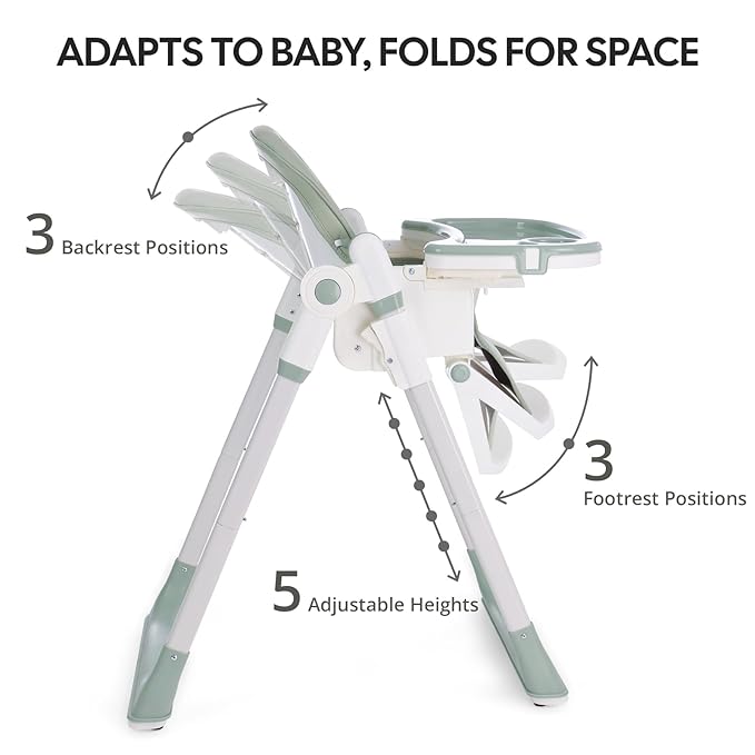 Sunchild 3-in-1 Baby High Chair with Wheels, 5-Point Harness, Tray, Footrest, and Backrest, Foldable and Adjustable for Toddlers 6-36 Months, Green