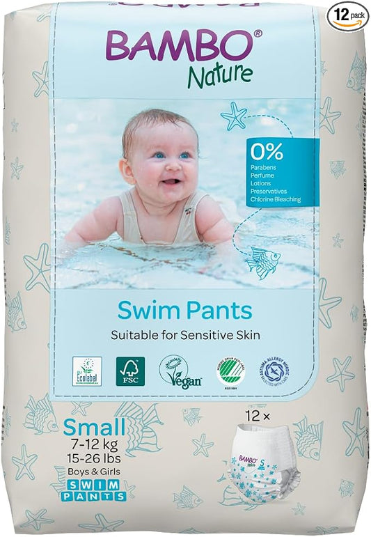 Bambo Nature Hypoallergenic Swim Pants, Eco-Labeled Swim Diapers, Double Leak Barriers - Small (12 Count)