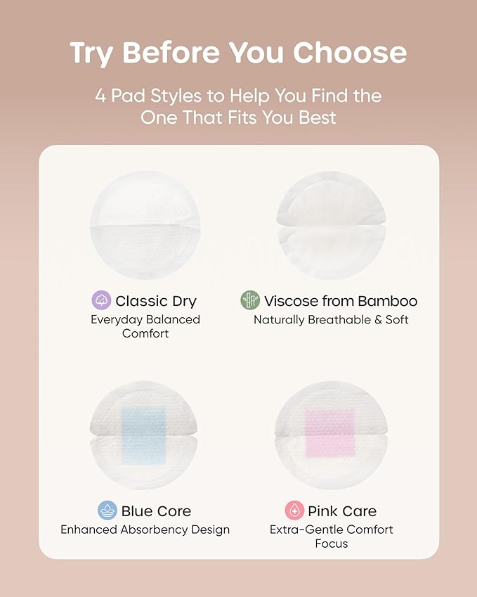 Nuliie 200 PCS Disposable Nursing Pads, Ideal for First-Time Buyers to Find Perfect Match, 4 Materials Trial (Viscose from Bamboo, Classic, Blue Core, Pink Care), Breastfeeding Essentials for New Moms