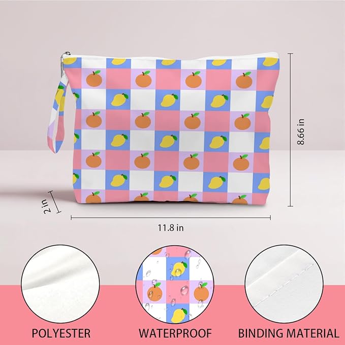 Wet Dry Bag, Wet Bag for Swimsuit, Diaper Sunscreen Large Zipper Pouch Waterproof Pouch, Beach Bags for Women, Orange and Mango Checkered Pattern, Gifts for Ladies Girls Friends Colleagues and Sisters