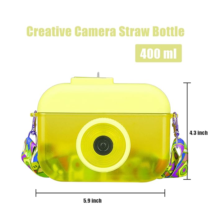 13 oz Cute Water Bottle with Straw - Camera Shape Water Cup with Adjustable Shoulder Straps - Ideal Kawaii Gift for School (Yellow)
