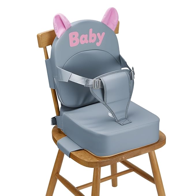 Booster Seat for Dining Table, Toddler Booster Seat for Dining Table, Kids Boys Girls Portable PU Waterproof Travel Baby Boosters Increasing Cushion with Backrest and Adjustable Strap (Gray, OneSize)