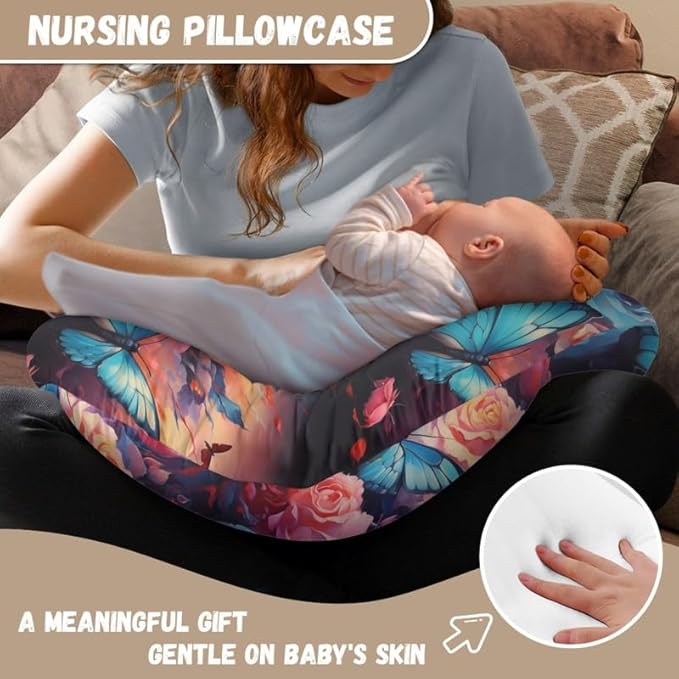 Blue Morpho Butterfly Stretchy Nursing Pillow Covers Colorful Rose Soft and Comfortable Fits On Standard Infant Nursing Pillows Oil Painting Butterfly for Baby Boy Girl