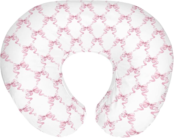 Pink Bows Ribbon Nursing Pillow Covers for Girl Pastel Baby Pink Ribbons Nursery Feeding Pillowcase for Breastfeeding Pillows Watercolor Bows Girly Soft Stretchy Removable Cover for Newborn Infant