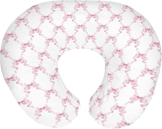 Pink Bows Ribbon Nursing Pillow Covers for Girl Pastel Baby Pink Ribbons Nursery Feeding Pillowcase for Breastfeeding Pillows Watercolor Bows Girly Soft Stretchy Removable Cover for Newborn Infant