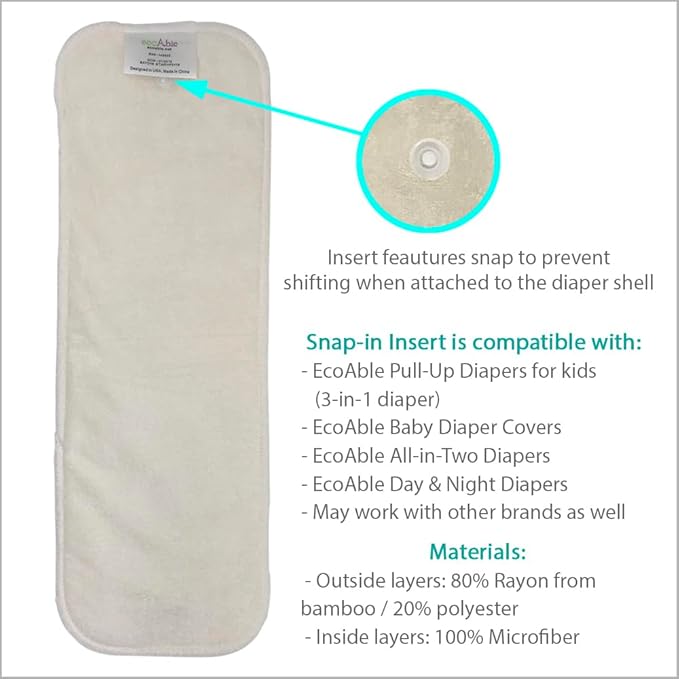 EcoAble Diaper Booster Pads – Snap-in Rayon Inserts for Cloth Diapers | Add Absorbency | Reusable & Trim Fit (Size 2 / Inserts ONLY, 3-Pack)