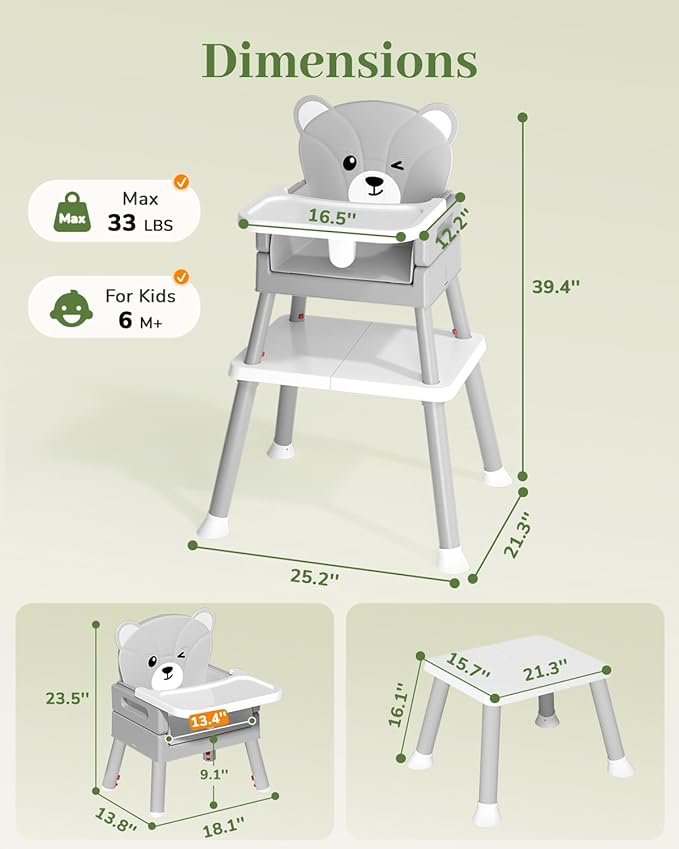 AVIDOR Baby Highchair for Babies and Toddlers, 6 in 1 High Chair with 5 Point Harness and Removable Safe Tray, Easy Clean& Ergonomic, Cute Bear Cunshion Baby Highchair for 6-36 Months and 35 lbs, Gray