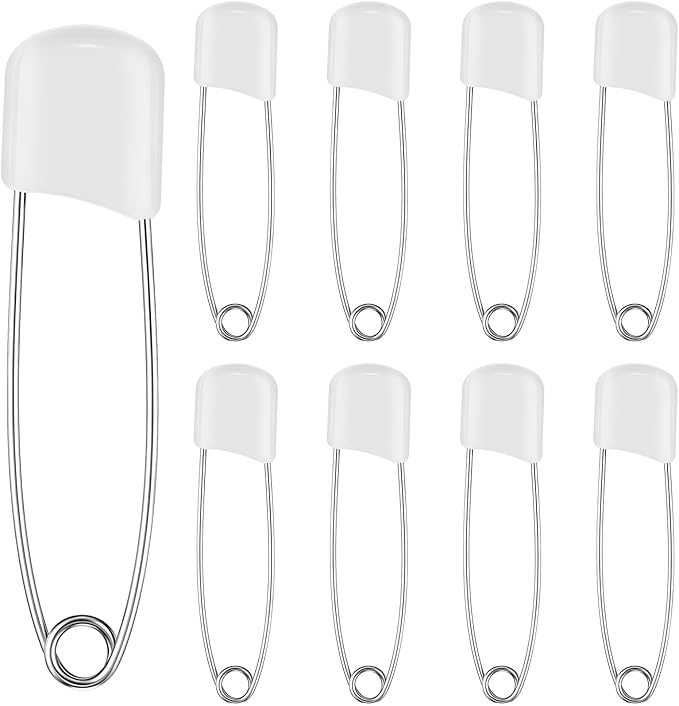 WILLBOND 8 Pcs Diaper Pins Safety 2.2 Inch Plastic Head Cloth Diaper Nappy Pins with Locking Closures Stainless Steel with Velvet Bag (White)
