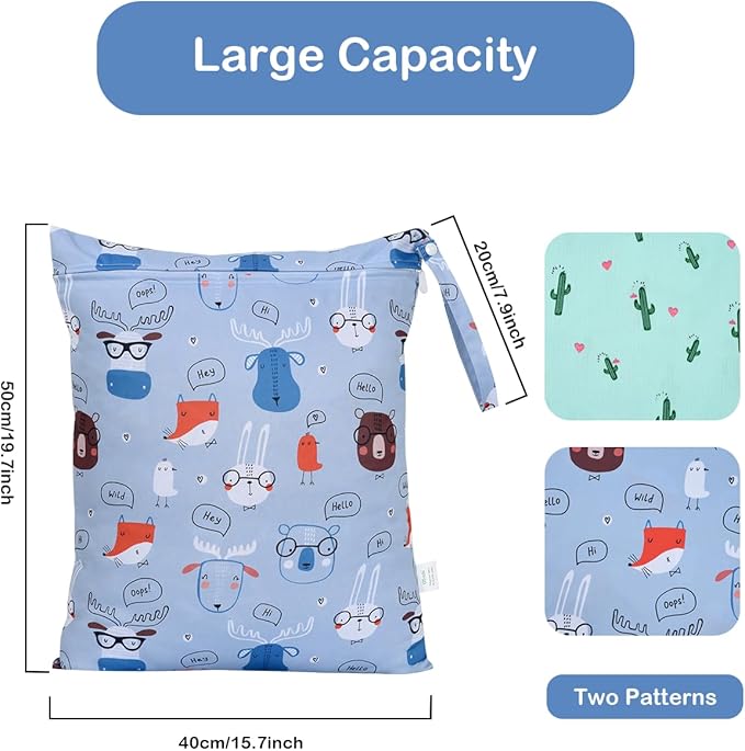 OTraki 2Pcs Waterproof Wet Dry Bags 16x20 inch Wet Bag for Baby, Swimsuit, Cloth Diaper, Daycare With Zippered & Handle Wet Clothes Storage Bag Drying Do Not Exceed 176℉ (Animal & Cactus Pattern)