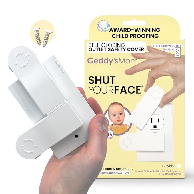 Self-Closing Outlet Cover Plate System by Geddy’s Mom – Automatic Child Safety that Covers Outlets When Unplugged, Shut Your Face, Easy Install, Award-Winning Baby Proofing for 1-Screw Duplex Outlets